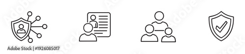 Outline icons representing digital security, personal data management, team collaboration, and verified protection are essential visuals for business, technology, and communication