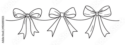 Hand drawn style black outline bows strung together forming a charming decorative border, perfect for embellishing holiday greetings, party invitations, gift package designs, and festive