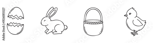 Set of minimalist doodle line art icons depicting an eggshell, bunny, basket, and chick, perfect for spring holiday celebrations and festive childrens activities