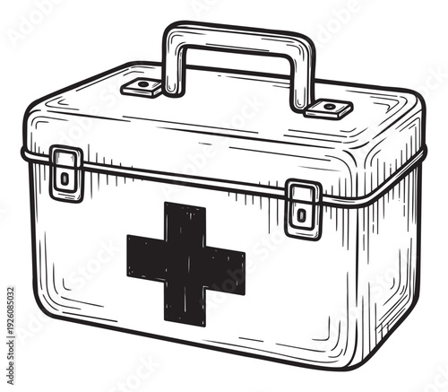 A hand drawn sketch of a first aid kit box with a cross symbol and a handle on top, ready for use in medical emergency preparedness, health care, or safety related projects and