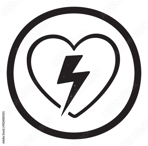A dynamic heart outline with a powerful lightning bolt symbol inside a bold circular frame, perfect for health and wellness branding, energy product logos, or expressive emotional icons.