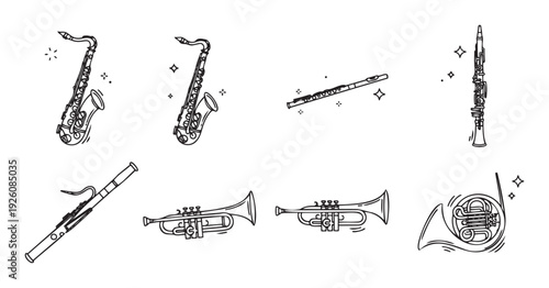 Dynamic collection of wind instruments for symphony orchestra and jazz bands, perfect for music school brochures, event flyers, or educational materials celebrating instrumental sound