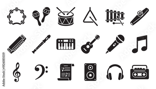 Versatile collection of music instrument, audio equipment, and notation icons presented as striking black silhouettes, perfect for educational materials, app interfaces, and diverse graphic