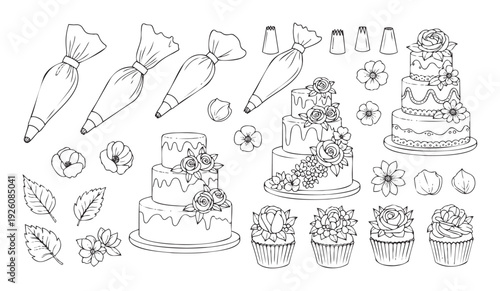 Line art set of baking equipment and decorated desserts, showing piping bags, nozzles, multitier cakes, and floral cupcakes, perfect for confectionery guides and pastry shop branding.