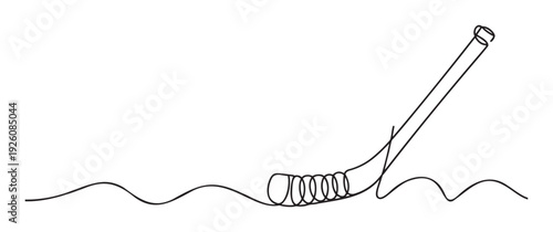 Continuous line drawing of a field hockey stick with a balllike element resting on a wavy ground, perfect for sports event promotions, athletic branding, or minimalist graphic design