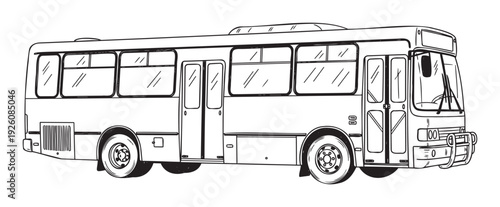 Detailed black outline drawing of a passenger city bus used for public transportation, excellent for illustrating urban transport, travel themes, and vehiclerelated graphic assets.