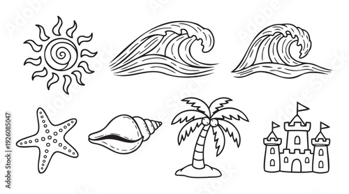 Line drawings depicting summer beach and ocean vacation symbols, including sun, waves, starfish, seashell, palm tree, and sandcastle, perfect for diverse holidaythemed projects.