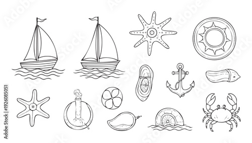 Collection of hand drawn sea life and summer vacation travel items perfect for holiday themed coloring books childrens activities or ocean exploration guides