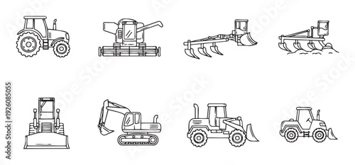 A collection of heavy machinery and agricultural vehicle line icons suitable for industrial, construction, farming, and transportation related graphic design projects and educational