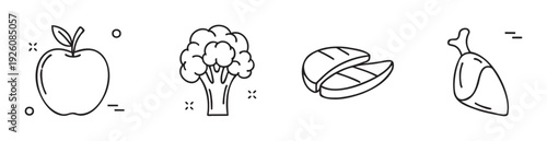 Simple line icons representing healthy food choices like fresh fruit, vegetables, and protein, suitable for nutrition guides, diet plans, grocery apps, or restaurant menus.