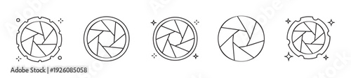 Black and white line icons of camera apertures suitable for photography technology applications, video production interfaces, or optical instrument branding