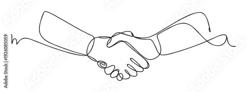 Simple single continuous line drawing of two hands shaking, symbolizing a professional agreement, teamwork, and successful business deal, ideal for corporate branding and digital
