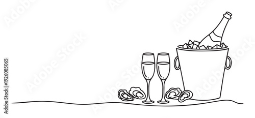 Continuous line drawing of champagne bottle in ice bucket with two flutes and fresh oysters for celebration and luxurious seafood dining experience concepts