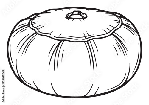 A minimalist black and white line drawing of a plump, rounded organic squash or pumpkin, ideal for use in cooking blogs, gardening guides, fall seasonal promotions, or childrens coloring