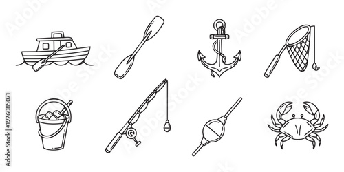 A collection of doodlestyle fishing and boating equipment with a charming handcrafted feel, perfect for naturethemed projects, outdoor adventure publications, or vacation brochures