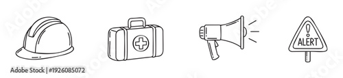 Workplace safety icons featuring a protective helmet, medical first aid kit, loud megaphone, and an important alert warning sign, useful for industrial security, health information, and