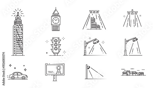 Modern city infrastructure line icons set depicting urban architectural landmarks, street lighting, essential traffic signals, and transport for metropolitan planning and informational