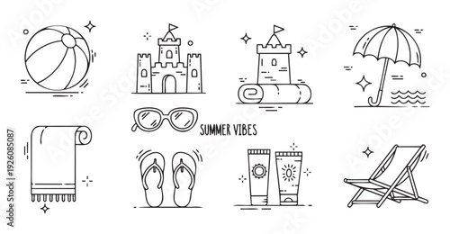 Essential summer beach vacation items including a ball, sandcastle, umbrella, towel, sunglasses, flip flops, sunscreen, and chair, ideal for seasonal travel promotions and holiday leisure