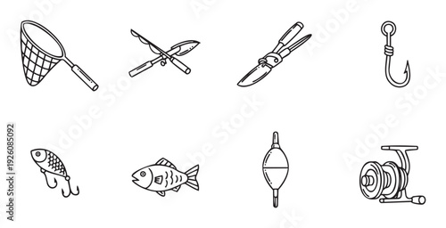 Comprehensive collection of fishing equipment icons including rods, net, lure, hook, float, reel, and fish, ideal for illustrating outdoor hobby, angling sport, or aquatic recreation themed