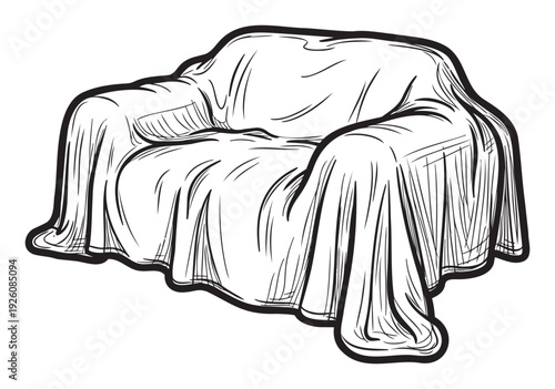 Monochrome sketch of a classic upholstered armchair covered with a fabric dust sheet, perfect for interior design, home staging, or vintage decor projects