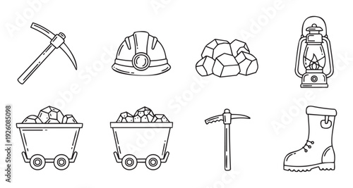 A comprehensive collection of mining equipment and tools, including pickaxes, hard hats, coal, and carts, perfect for illustrating industrial themes and resource extraction concepts.