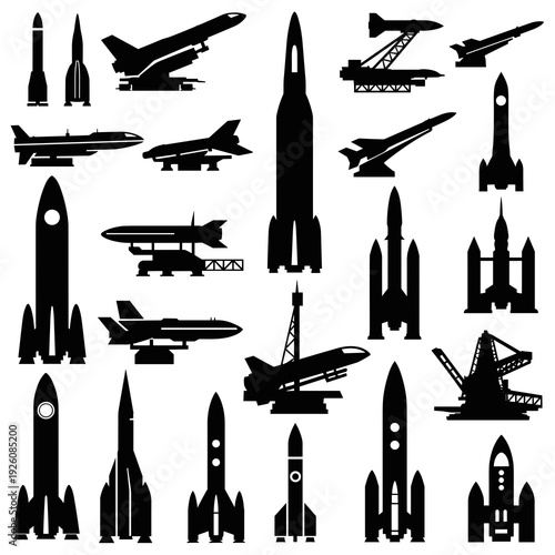 Grid Set of Technical Blueprint Icons for Aerospace Industry
