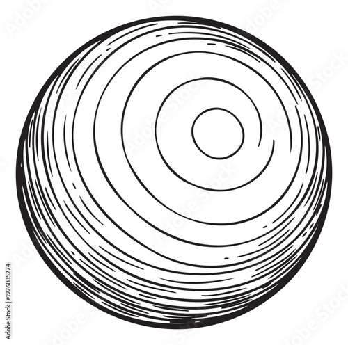 A striking black and white spherical drawing featuring varied curved lines and abstract textures, ideal for dynamic branding, graphic design, and unique background visuals.