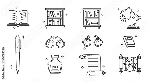 Vector outline icons for education and study, featuring books, bookshelves, writing tools, desk lamp, reading glasses, and maps for academic learning applications.