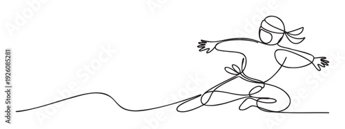 Dynamic continuous line drawing depicting a powerful person in an active martial arts or dance pose, ideal for fitness marketing, sports event promotions, or minimalist graphic communication