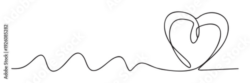 Continuous line drawing of a heart shape on the right side connected by a wavy abstract path on the left, symbolizing love and connection for Valentines Day greetings or romantic social