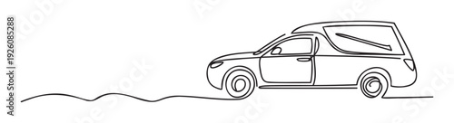 Sleek single line graphic depicting a modern compact utility vehicle with an enclosed cargo bed traveling on a road, perfect for transportation business branding or travel brochures.