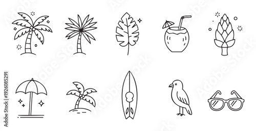 Summer vacation and tropical holiday symbols including swaying palm trees, refreshing coconut drinks, relaxing beach umbrellas, stylish surfboards, and cool sunglasses for travel promotion.