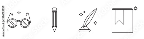 Essential study and literary implements presented as simple outline icons, featuring spectacles, a graphite pencil, an old fashioned feather quill, and a bookmark book, perfect for academic