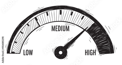 Black and white hand drawn meter indicating a high level, ideal for conceptual visualizations of performance, risk, or evaluation in business presentations and educational content.