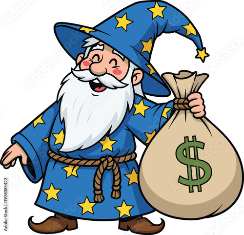 Happy wizard holding money bag, magic wealth concept, cartoon vector illustration, fantasy character, financial success and prosperity