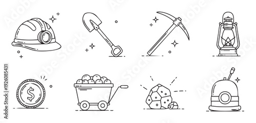 Essential mining equipment, tools, and valuable mineral resources collection represented as line icons for industrial business presentations, educational materials, and thematic graphic