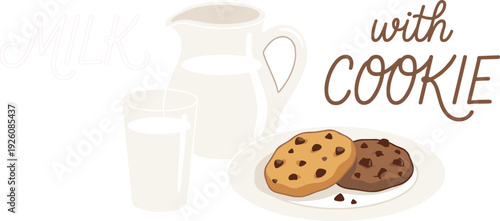 Milk and cookies illustration, flat design breakfast snack concept, cute food graphic for kids menu and posters