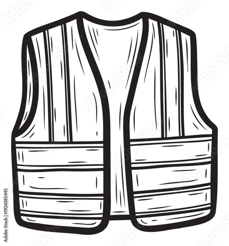 Simple black and white line drawing of a safety vest, perfect for illustrating workwear, protective clothing, or essential uniform items for various professions