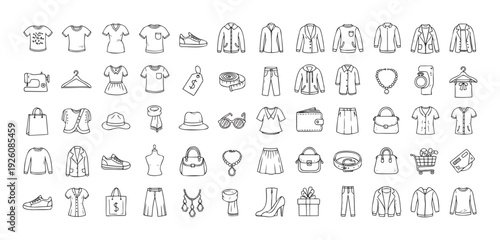 A comprehensive collection of hand drawn clothing and accessory icons perfect for ecommerce, shopping apps, retail websites, or any project needing wardrobe related visual elements