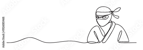 Minimalist continuous line art of a ninja warrior wearing a headband and mask, embodying concepts of stealth, discipline, and martial arts, ideal for actionthemed promotions or sports