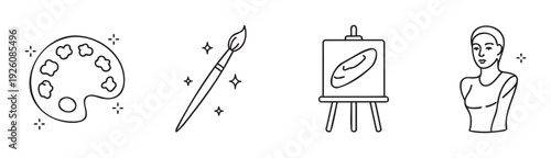 A versatile set of line icons illustrating painting and sculpture essentials like a palette, brush, easel with canvas, and a female bust, useful for educational or studio materials.