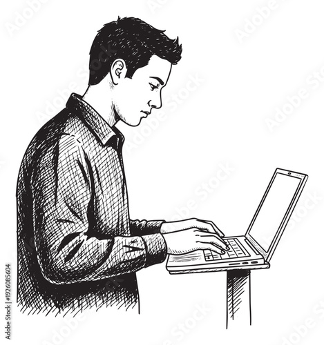 A focused young man diligently works on his laptop, typing on the keyboard, ideal for educational, business, and technologyrelated marketing materials.
