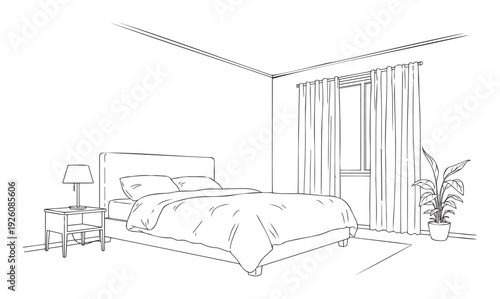 Simple line drawing of a cozy bedroom interior with a bed, nightstand, lamp, window curtains, and a plant for home decor and architectural project visualizations