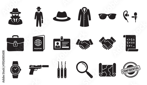 Essential collection of secret agent and detective investigation icons for depicting espionage operations security intelligence and confidential business activities in various digital and
