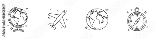 Comprehensive collection of line art travel and exploration icons showcasing a detailed globe, an airplane, a world map, and a navigation compass, perfect for digital applications and