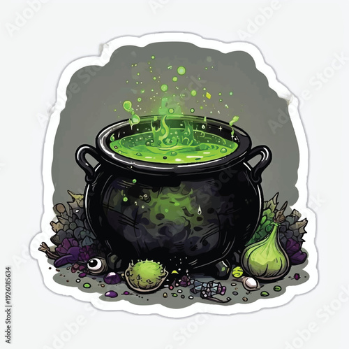 A mysterious black cauldron bubbles with luminous green potion, surrounded by spooky ingredients perfect for a magical Halloween spell or witch's brew.