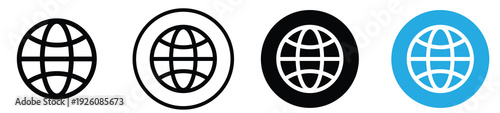 Four different globe icons on a white background for global use