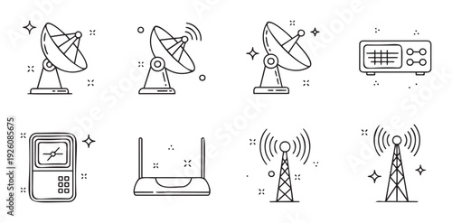 Collection of hand drawn communication and broadcasting technology icons including satellite dishes, radio, walkie talkie, router and antenna towers for digital media projects