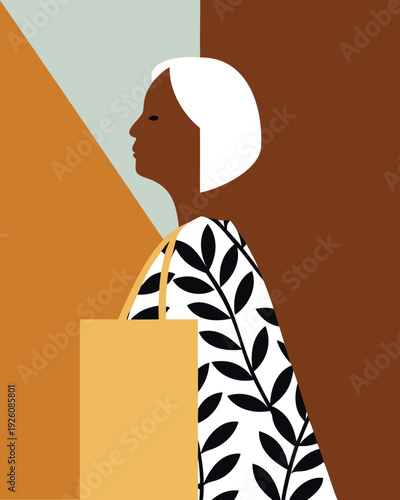 Elegant Woman with Stylish White Hair and Patterned Dress.