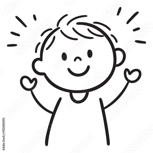 A cheerful smiling boy with heart shaped hands and radiating lines around his head evokes pure happiness and positive energy, perfect for playful educational content and joyful